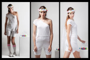 "OVERAL SHORT ASIMETRIC WHITE" P132 - overal z jemného elastického úpletu, zdobený elastickým tylem pošitým bambulkami, vel. S - L