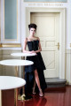Společenské černé šaty "CREATIVE BLACK TIE DRESS" P274 - černé šaty z plastického vyšívaného tylu, bez zad a tylovou vlečkou, vel. XS - M