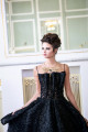 Společenské černé šaty "CREATIVE BLACK TIE DRESS" P274 - černé šaty z plastického vyšívaného tylu, bez zad a tylovou vlečkou, vel. XS - M
